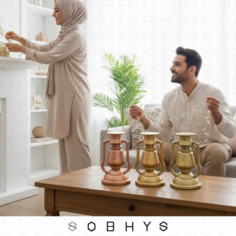 SOBHYS Pack of 3 (THREE) Heritage Glowing Ramadan Fanoos, 24.5cm LED Lantern with Flickering Candle Effect, Islamic Art Hanging Decor, 3 Pack, Metallic Finish, Battery Powered (3, Multicolor) - Image 3